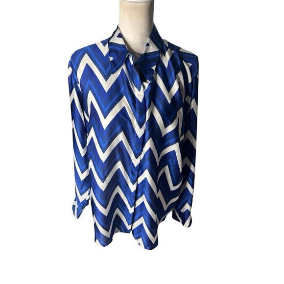 LAUREN RALPH LAUREN Long Sleeve CHEVRON Stripe Blouse, Multi Cobalt NWT $109 2X - Picture 1 of 4